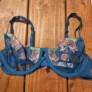 Adore Me 32D Navy Blue Floral Embroidered Bra